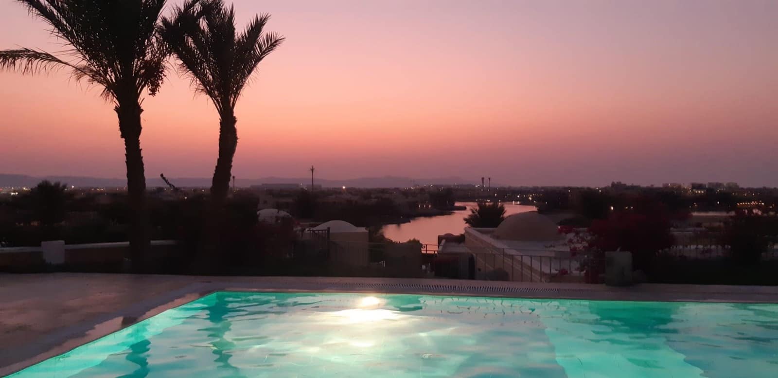 The lagoons at twilight, seen from the villa's pool